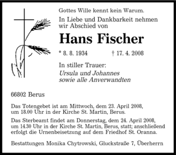 Todesanzeige von Hans Fischer von SAARBRÜCKER ZEITUNG