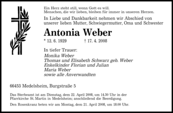 Todesanzeige von Antonia Weber von SAARBRÜCKER ZEITUNG