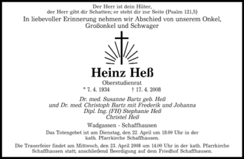 Todesanzeige von Heinz Heß von SAARBRÜCKER ZEITUNG