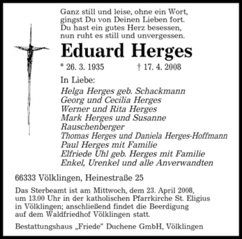Todesanzeige von Eduard Herges von SAARBRÜCKER ZEITUNG