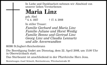 Todesanzeige von Maria Linz von SAARBRÜCKER ZEITUNG