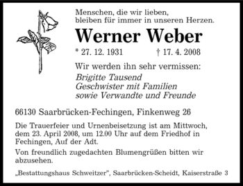 Todesanzeige von Werner Weber von SAARBRÜCKER ZEITUNG