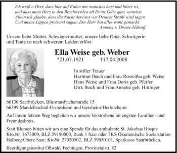 Todesanzeige von Ella Weise von SAARBRÜCKER ZEITUNG