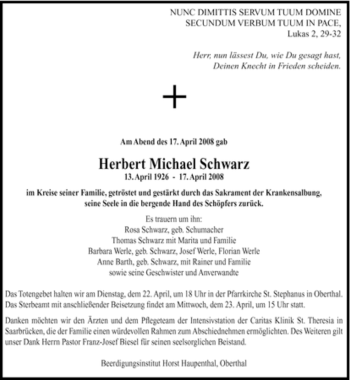 Todesanzeige von Herbert Michael Schwarz von SAARBRÜCKER ZEITUNG