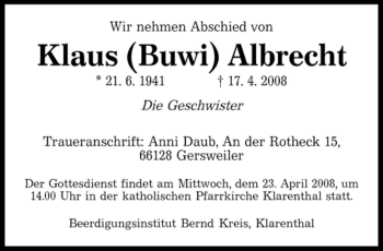 Todesanzeige von Klaus Albrecht von SAARBRÜCKER ZEITUNG