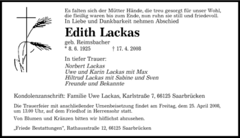 Todesanzeige von Edith Lackas von SAARBRÜCKER ZEITUNG