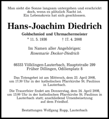 Todesanzeige von Hans-Joachim Diedrich von SAARBRÜCKER ZEITUNG