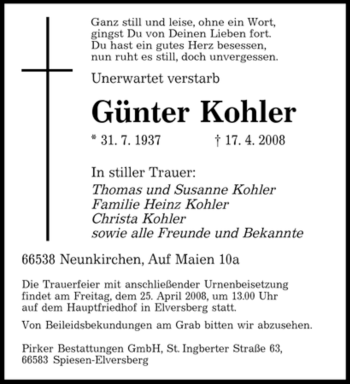 Todesanzeige von Günter Kohler von SAARBRÜCKER ZEITUNG