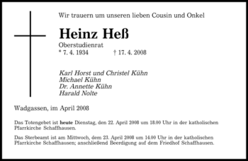 Todesanzeige von Heinz Heß von SAARBRÜCKER ZEITUNG