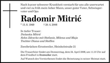 Todesanzeige von Radomir Mitric von SAARBRÜCKER ZEITUNG