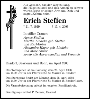 Todesanzeige von Erich Steffen von SAARBRÜCKER ZEITUNG