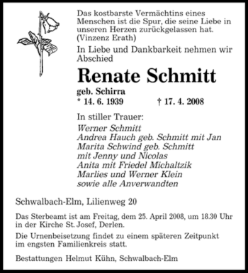 Todesanzeige von Renate Schmitt von SAARBRÜCKER ZEITUNG