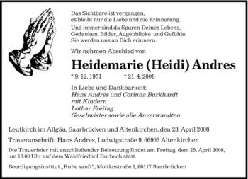 Todesanzeige von Heidemarie Andres von SAARBRÜCKER ZEITUNG
