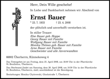 Todesanzeige von Ernst Bauer von SAARBRÜCKER ZEITUNG