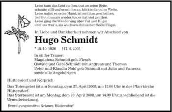 Todesanzeige von Hugo Schmidt von SAARBRÜCKER ZEITUNG