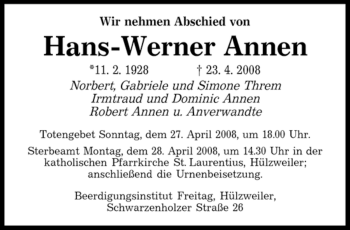 Todesanzeige von Hans-Werner Annen von SAARBRÜCKER ZEITUNG