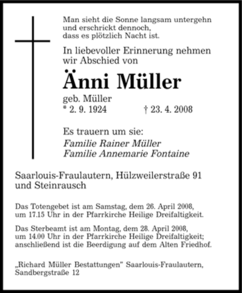 Todesanzeige von Änni Müller von SAARBRÜCKER ZEITUNG