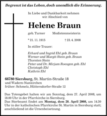 Todesanzeige von Helene Braun von SAARBRÜCKER ZEITUNG