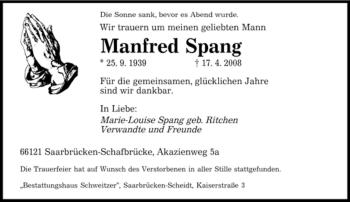 Todesanzeige von Manfred Spang von SAARBRÜCKER ZEITUNG
