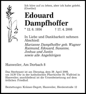 Todesanzeige von Edouard Dampfhoffer von SAARBRÜCKER ZEITUNG