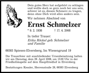 Todesanzeige von Ernst Schmelzer von SAARBRÜCKER ZEITUNG