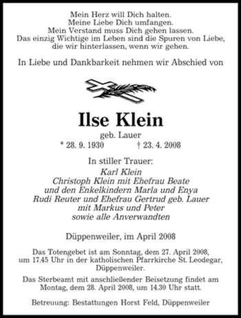 Todesanzeige von Ilse Klein von SAARBRÜCKER ZEITUNG