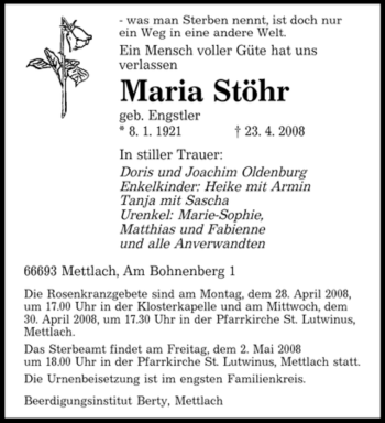 Todesanzeige von Maria Stöhr von SAARBRÜCKER ZEITUNG