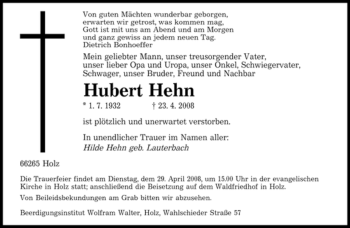 Todesanzeige von Hubert Hehn von SAARBRÜCKER ZEITUNG
