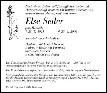 Todesanzeige von Else Seiler von SAARBRÜCKER ZEITUNG