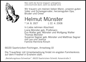 Todesanzeige von Helmut Münster von SAARBRÜCKER ZEITUNG