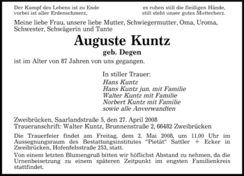 Todesanzeige von Auguste Kuntz von SAARBRÜCKER ZEITUNG