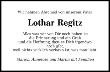 Todesanzeige von Lothar Regitz von SAARBRÜCKER ZEITUNG