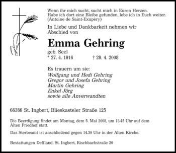 Todesanzeige von Emma Gehring von SAARBRÜCKER ZEITUNG