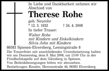 Todesanzeige von Therese Rohe von SAARBRÜCKER ZEITUNG