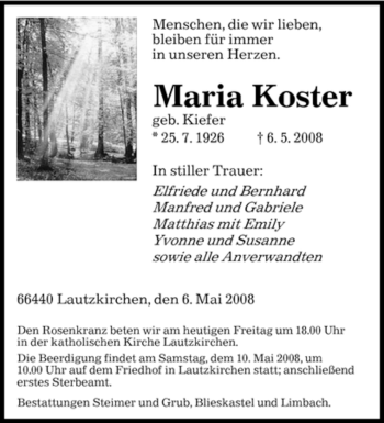Todesanzeige von Maria Koster von SAARBRÜCKER ZEITUNG