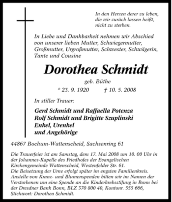 Todesanzeige von Dorothea Schmidt 