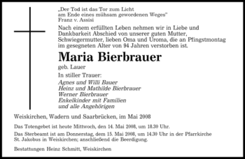 Todesanzeige von Maria Bierbrauer von SAARBRÜCKER ZEITUNG