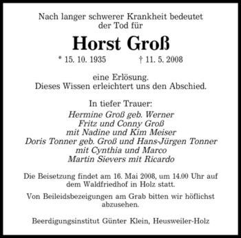 Todesanzeige von Horst Groß von SAARBRÜCKER ZEITUNG