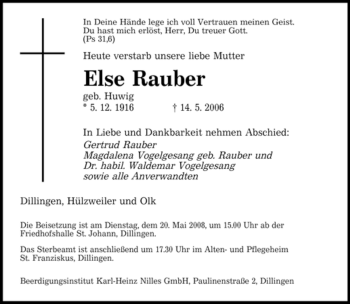 Todesanzeige von Else Rauber von SAARBRÜCKER ZEITUNG