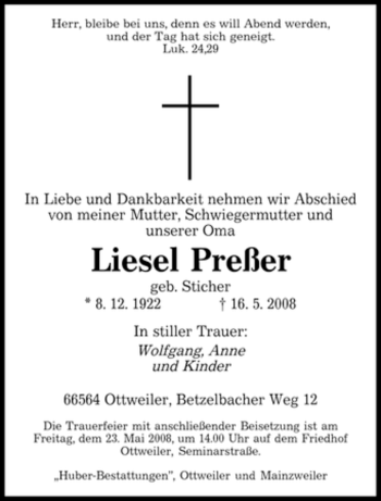 Todesanzeige von Liesel Preßer von SAARBRÜCKER ZEITUNG