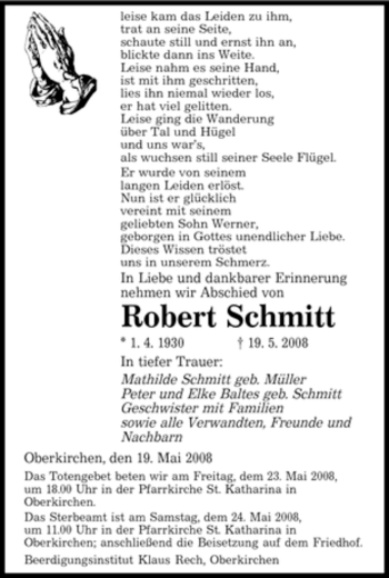 Todesanzeige von Robert Schmitt von SAARBRÜCKER ZEITUNG
