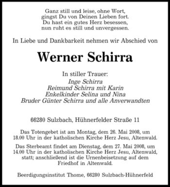 Todesanzeige von Werner Schirra von SAARBRÜCKER ZEITUNG