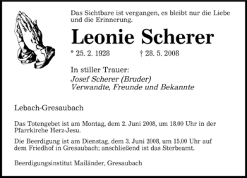 Todesanzeige von Leonie Scherer von SAARBRÜCKER ZEITUNG