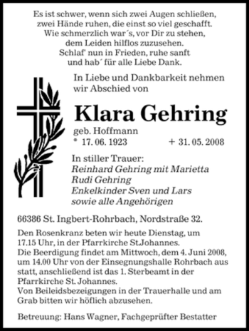 Todesanzeige von Klara Gehring von SAARBRÜCKER ZEITUNG