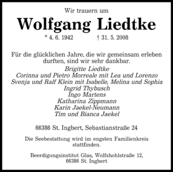 Todesanzeige von Wolfgang Liedtke von SAARBRÜCKER ZEITUNG