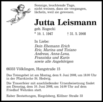 Todesanzeige von Jutta Leismann von SAARBRÜCKER ZEITUNG