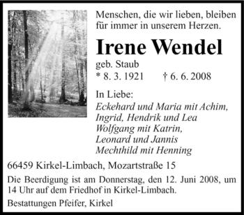 Todesanzeige von Irene Wendel von SAARBRÜCKER ZEITUNG