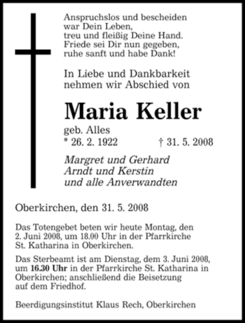 Todesanzeige von Maria Keller von SAARBRÜCKER ZEITUNG
