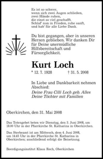 Todesanzeige von Kurt Loch von SAARBRÜCKER ZEITUNG