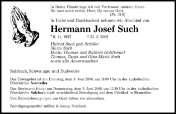 Todesanzeige von Hermann Josef Such von SAARBRÜCKER ZEITUNG